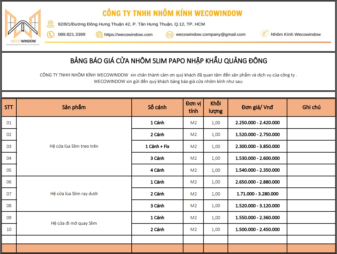 Báo giá cửa nhôm Slim Papo.