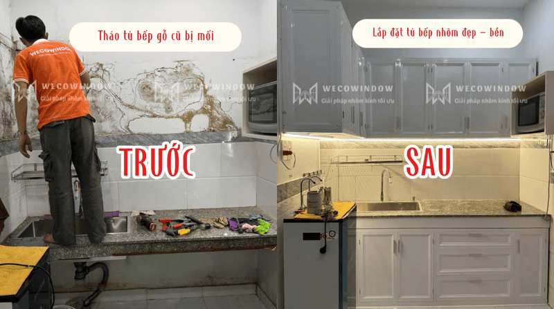 Căn bếp thay đổi sau khi được lắp đặt hoàn thiện tủ bếp nhôm.