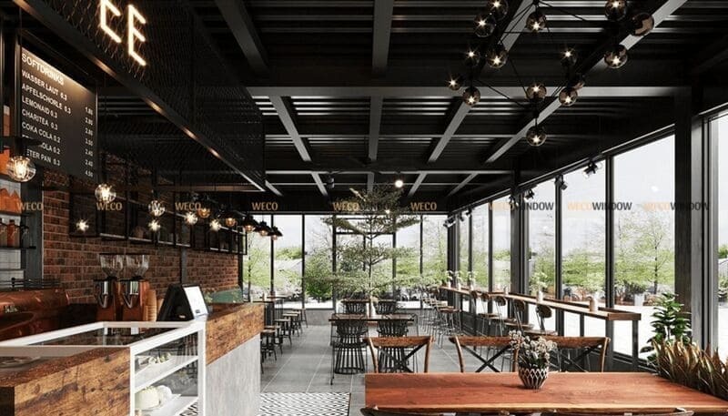 Cửa kính quán cafe giúp lấy sáng hiệu quả. 