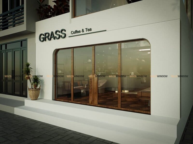CỬA KÍNH QUÁN CAFE 68 Cửa kính khung gỗ đẹp được nhiều khách hàng yêu thích.