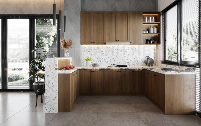 Mẫu tủ bếp cho nhà chung cư hình chữ U. 