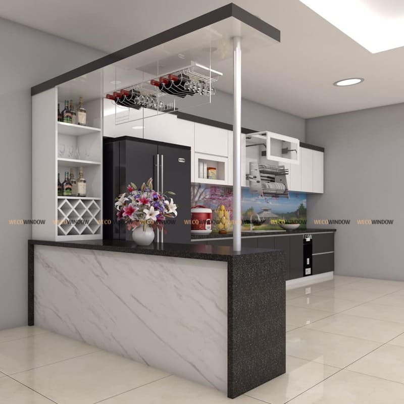 Tủ bếp chung cư đẹp kết hợp quầy bar. 