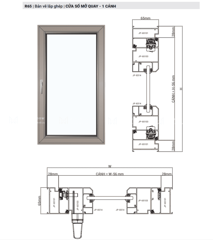 Bản vẽ cửa sổ mở quay 1 cánh. 
