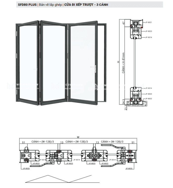 Cửa xếp trượt 3 cánh. 