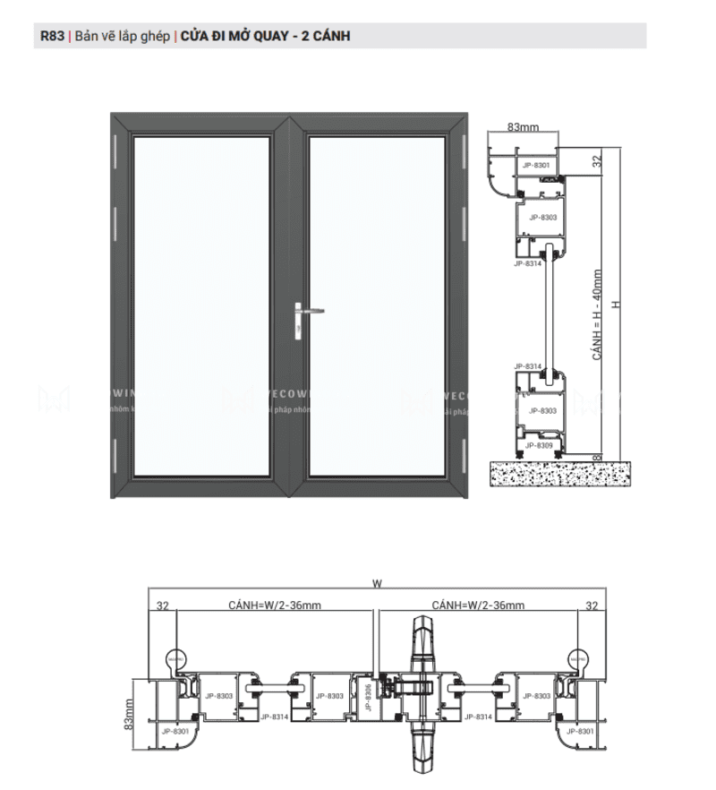 CỬA NHÔM MAXPRO HỆ 83 - 83 PLUS 43 Cửa đi mở quay 2 cánh.