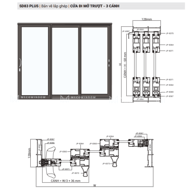CỬA NHÔM MAXPRO HỆ 83 - 83 PLUS 57 Cửa đi mở trượt 3 cánh.