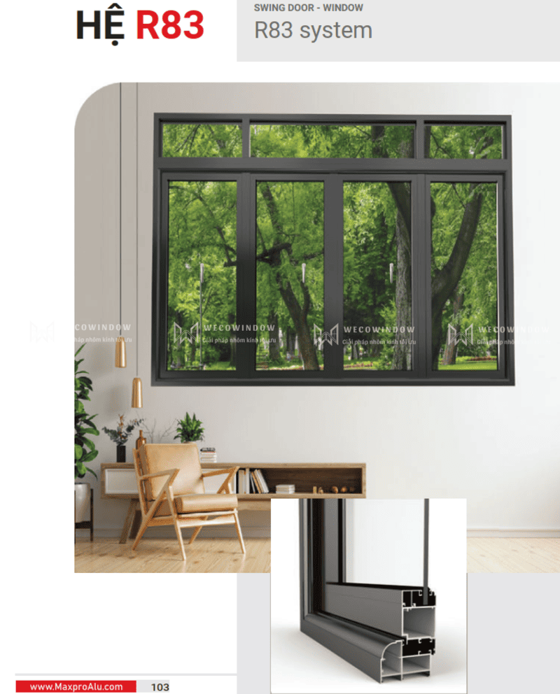 CỬA NHÔM MAXPRO HỆ 83 - 83 PLUS 38 Cửa nhôm Maxpro R83 chuyên dùng cho cửa mở quay.