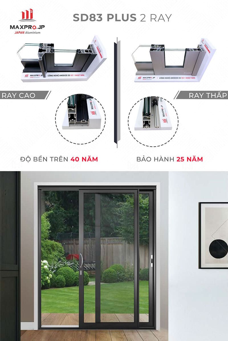 CỬA NHÔM MAXPRO HỆ 83 - 83 PLUS 55 Hệ SD83 2 ray (cao và thấp).