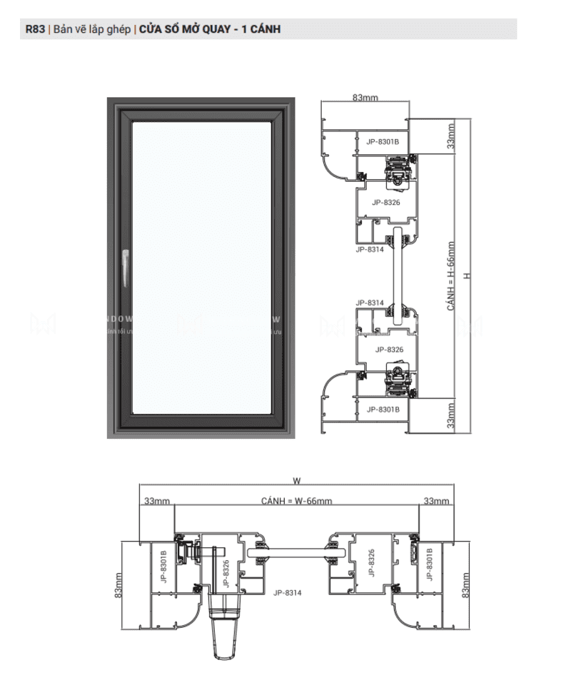 CỬA NHÔM MAXPRO HỆ 83 - 83 PLUS 39 Cửa sổ mở quay 1 cánh.