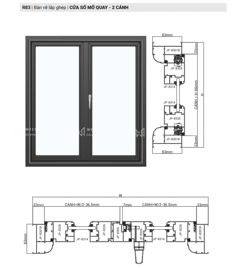 CỬA NHÔM MAXPRO HỆ 83 - 83 PLUS 40 Cửa sổ mở quay 2 cánh.