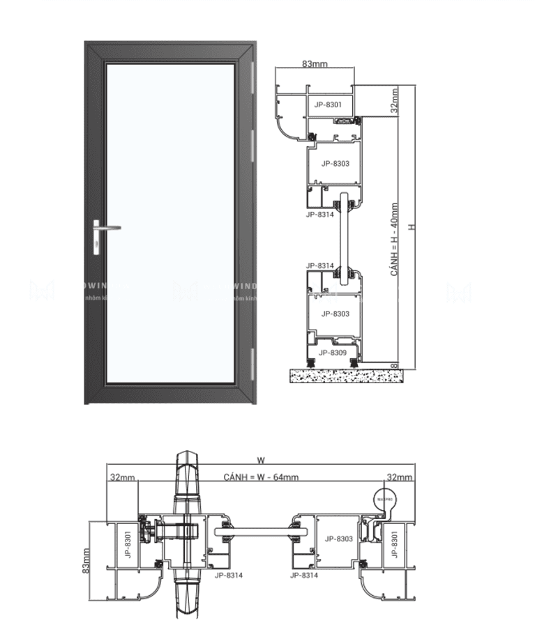 CỬA NHÔM MAXPRO HỆ 83 - 83 PLUS 42 Cửa đi mở quay 1 cánh.