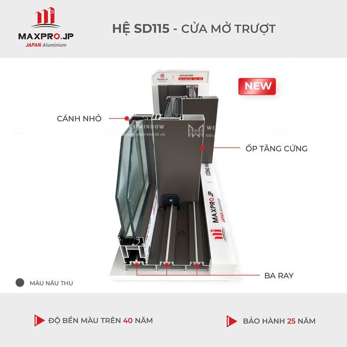 CỬA NHÔM MAXPRO HỆ LÙA 115 47 Cửa nhôm Maxpro hệ lùa 115 tích hợp ốp tăng cứng giúp gia tăng thẩm mỹ.