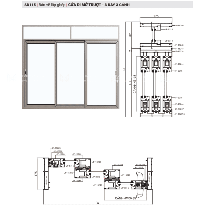 CỬA NHÔM MAXPRO HỆ LÙA 115 40 Cửa đi mở trượt 3 ray 3 cánh.
