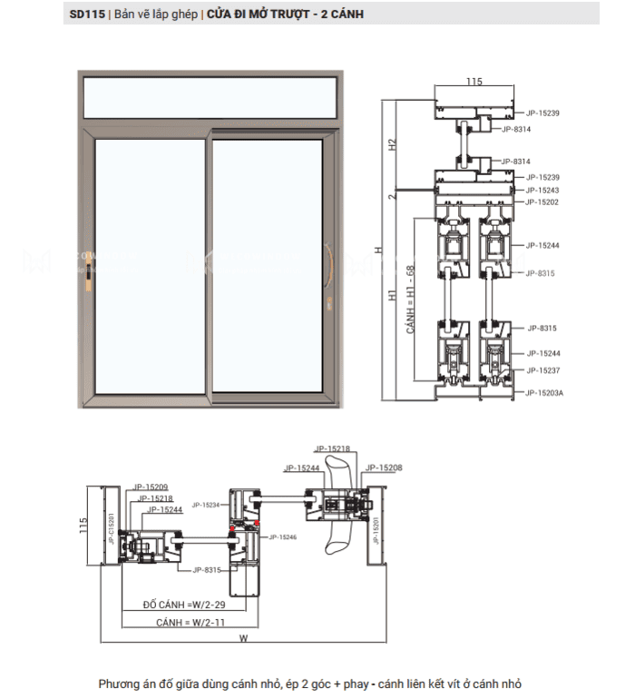 CỬA NHÔM MAXPRO HỆ LÙA 115 43 Cửa đi mở trượt 2 cánh.