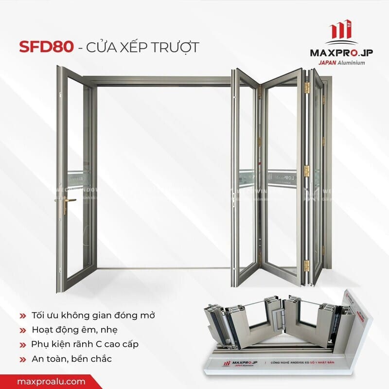 Cửa cánh xếp nhôm Maxpro mang nhiều ưu điểm nổi bật. 