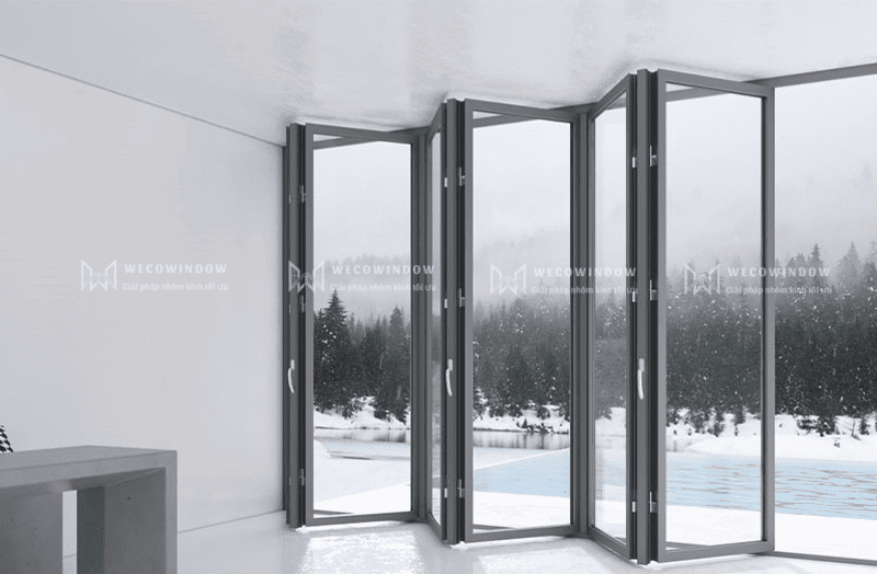 Cửa nhôm trượt gấp Kogen có bản lề ẩn tăng tính thẩm mỹ cho bộ cửa. 